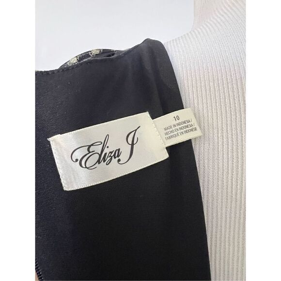 Eliza J Elegant Black Gold Polka Dot Cold Shoulder Ruffle Dress size 10 - Picture 7 of 11